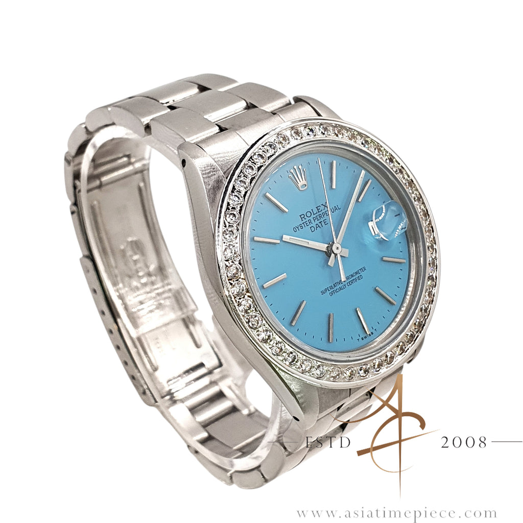Rolex Date 1500 Refinished Tiffany Blue Dial Crystal Bezel Vintage