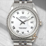Rolex Datejust 16220 White Roman Dial Engine Turned Bezel (Year 2002)