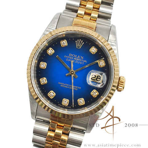 Mint 1995 Full Set Rolex Datejust 16233 Vignette Blue Diamond Dial