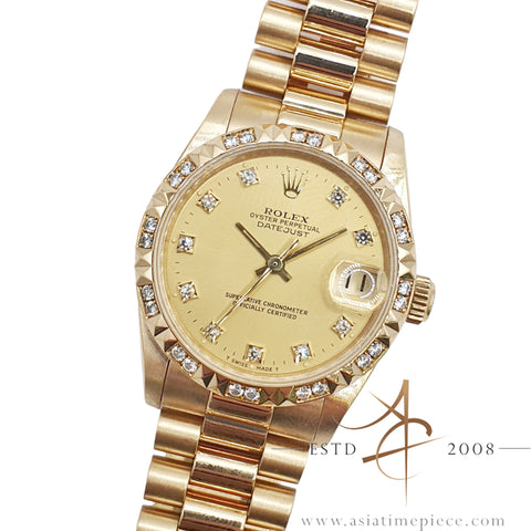 Rare Rolex Datejust 31 Midsize President 68258 Diamond Bezel Dial in 18K (1993)