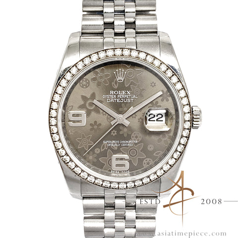 Rolex Datejust 116244 Rhodium Floral Motif Diamond Bezel