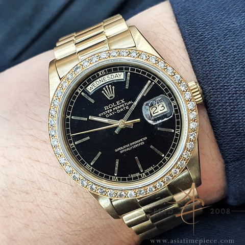 Rolex 18038 President Day Date Black Dial in 18K Gold Vintage Watch (1985)