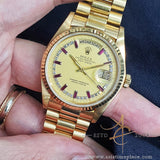 Rolex President 18038 Day Date 18k Gold Baguette Ruby Diamond String Dial Vintage (1981)