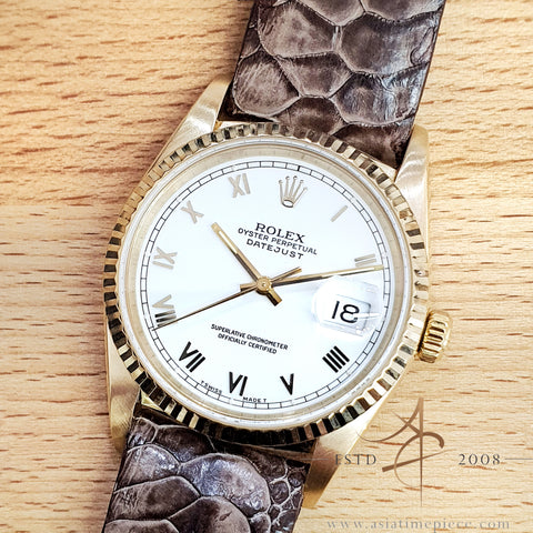 Rolex Datejust 16018 White Roman Dial in 18K Gold Vintage Watch (1987)