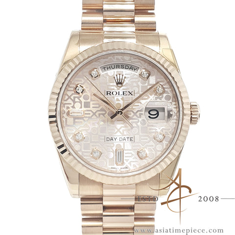 Rolex President Day-Date Ref 118235 Diamond Baguette 18K Everose Gold Full Set (2017)