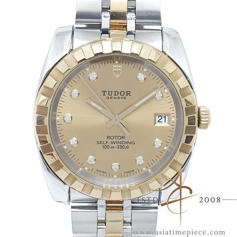 Tudor Classic Date 21013 Diamond Set Champagne Dial