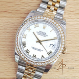 Rolex Datejust 36 Ref 116243 Factory Diamond Bezel White Roman Dial Jubilee