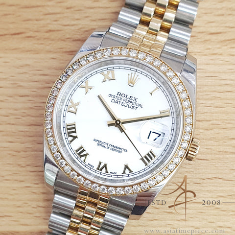 Rolex Datejust 36 Ref 116243 Factory Diamond Bezel White Roman Dial Jubilee