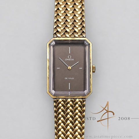 Rare Vintage Omega De Ville Andrew Grima Design Rectangular Brown Dial Gold Woven Bracelet