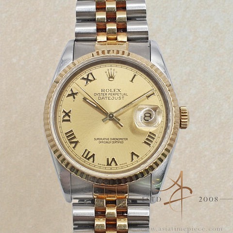 1991 Rolex Datejust 16233 Champagne Roman Dial Vintage Watch with Certificate Box
