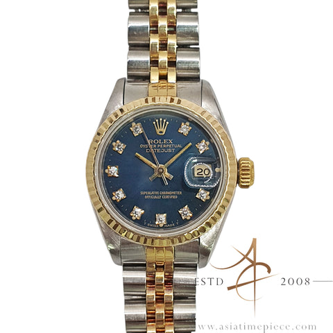 1989 Rolex Lady Datejust 26 Sunburst Blue Diamond Dial Vintage Watch Box Certificate