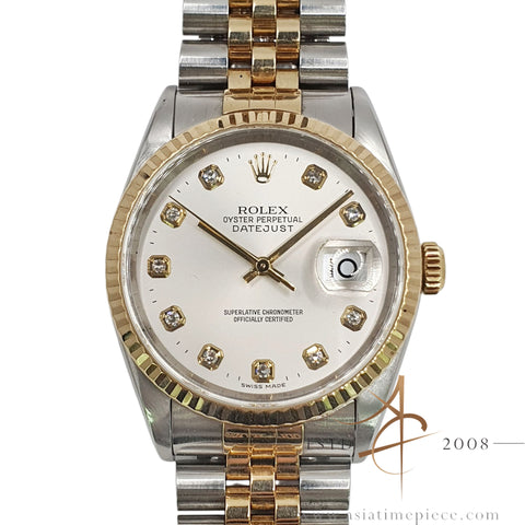 1995 Rolex Datejust 16233 Diamond Silver Dial w Box & Cert
