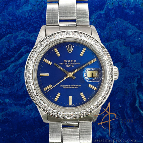 Rolex Date 1500 Custom Blue Dial Crystal Bezel Vintage Watch (1972)