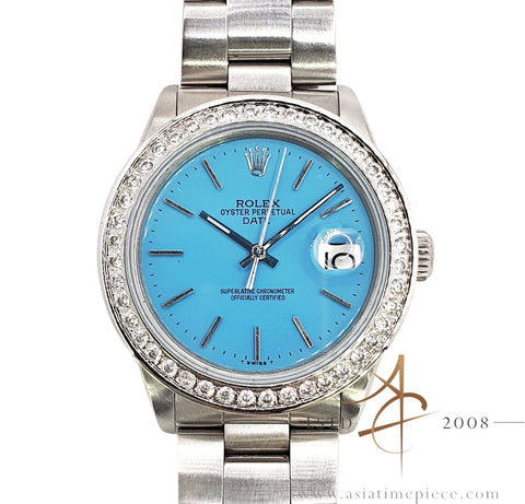 Rolex Date 1500 Refinished Tiffany Blue Dial Crystal Bezel Vintage Watch (1980)