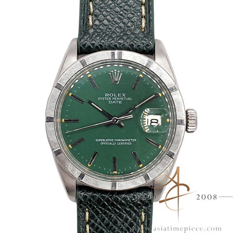 Rolex Date Ref 1501 Custom Green Dial Engine Turned Bezel Vintage Watch (1967)