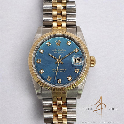 Rolex Datejust Midsize 68273 Blue Diamond Dial Vintage Watch (1988)