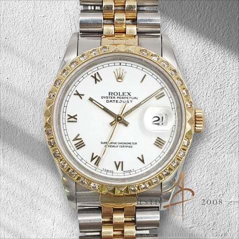Rolex Datejust 16233 White Roman Dial Diamond Bezel No Pinhole (1993)