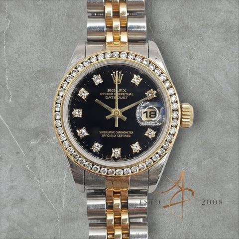 Rolex Datejust Ladies 69173 Diamond Black Dial Diamond Bezel (1996)
