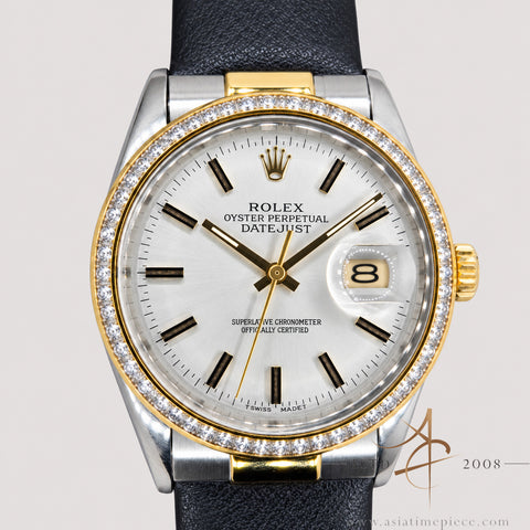 Rolex Datejust 16013 Silver Dial Custom Crystal Bezel Vintage Watch (1984)