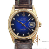 1985 Rolex Datejust 16018 Blue Vignette Diamond Dial 18K Vintage Watch
