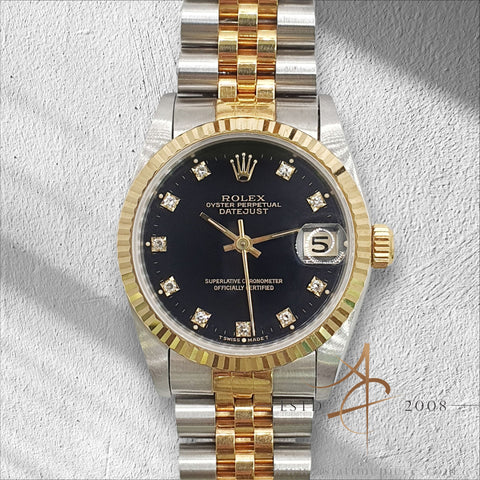 1993 Rolex Datejust Midsize 68273 Diamond Black Dial Full Set Unpolished