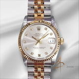 1991 Rolex Datejust Midsize 68273 Diamond Silver Dial Box & Certificate