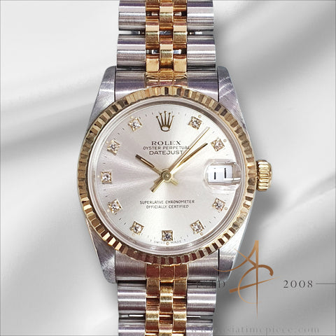 1991 Rolex Datejust Midsize 68273 Diamond Silver Dial Box & Certificate
