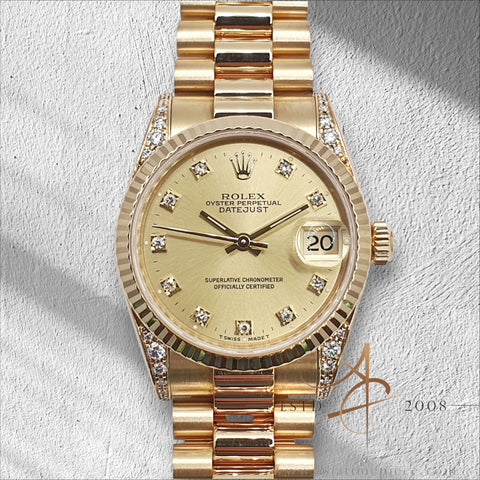 Rolex Datejust President 68238 Midsize Diamond Dial Bezel Watch in 18K Gold (1993)