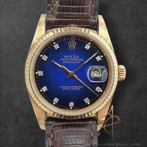 1985 Rolex Datejust 16018 Blue Vignette Diamond Dial 18K Vintage Watch