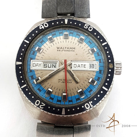 Waltham Blue Diver's Day Date Automatic Swiss Vintage Watch