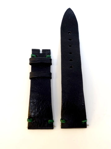 Black Leather Watch Strap with Green Stitching (20mm)